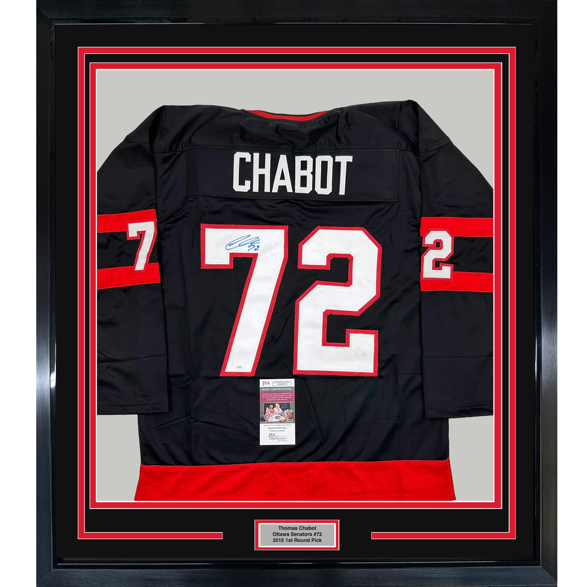 Black and red Ottawa Senators hockey jersey number 72 with Chabot nameplate, framed behind glass with authentication certificate visible.