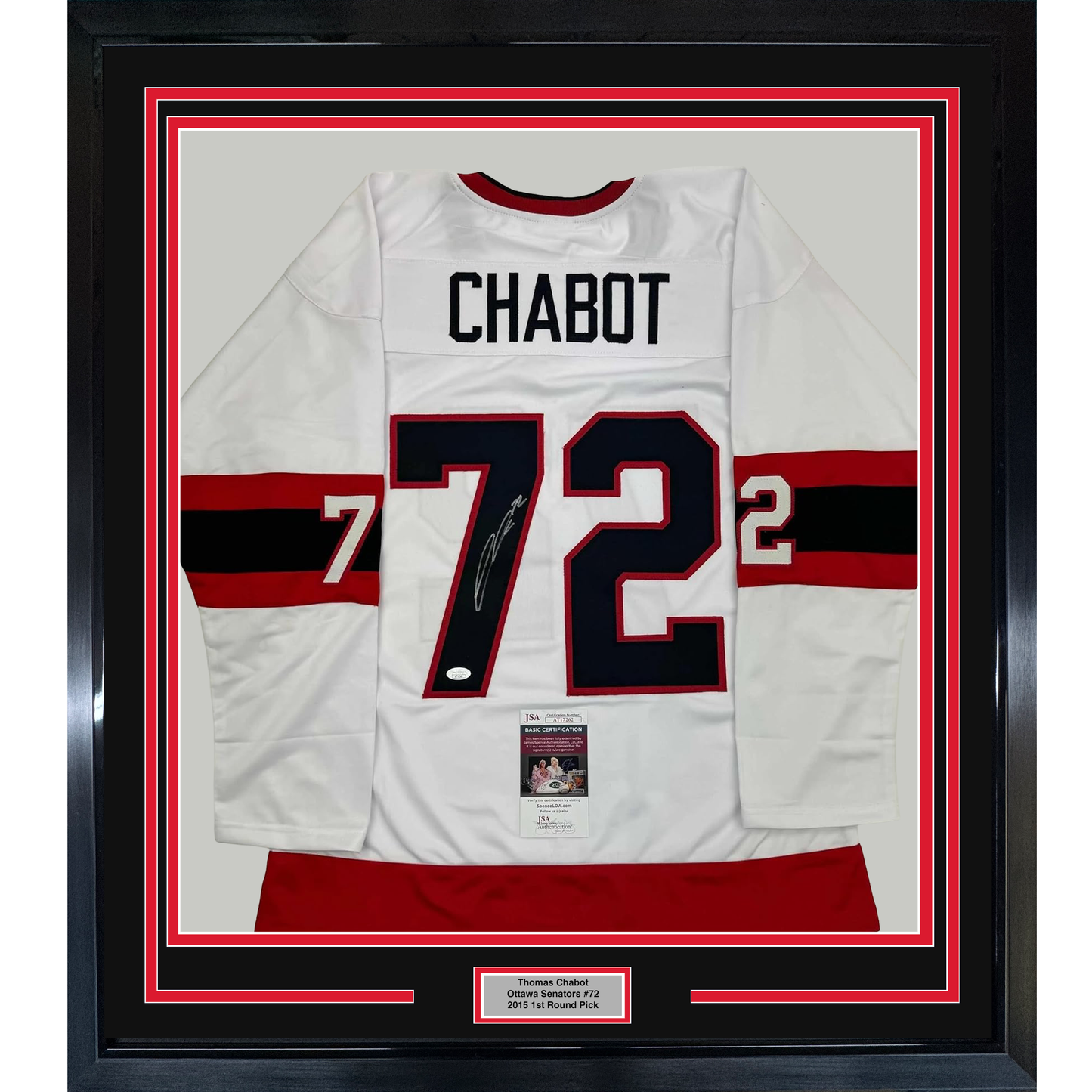 Framed white Ottawa Senators hockey jersey with "CHABOT" and number 72, signed, displayed front-facing with red and black striping and JSA authentication certificate visible.