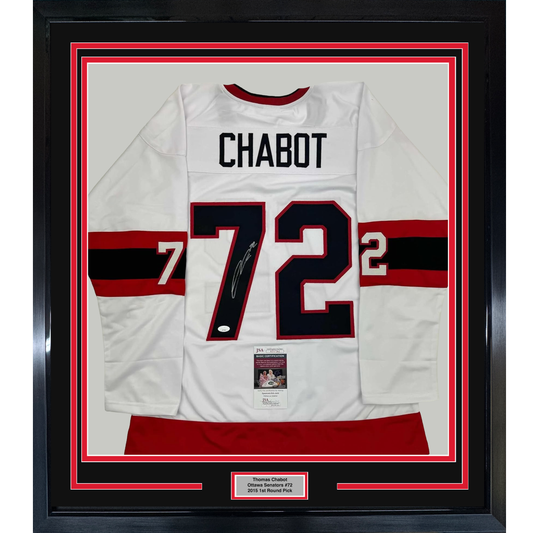 Framed white Ottawa Senators hockey jersey with "CHABOT" and number 72, signed, displayed front-facing with red and black striping and JSA authentication certificate visible.
