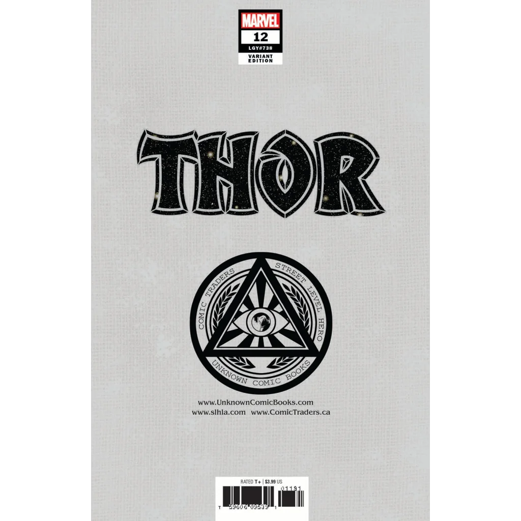 Comic book cover for Marvel Thor 12 with black glittery logo and Unknown Comic Books symbol