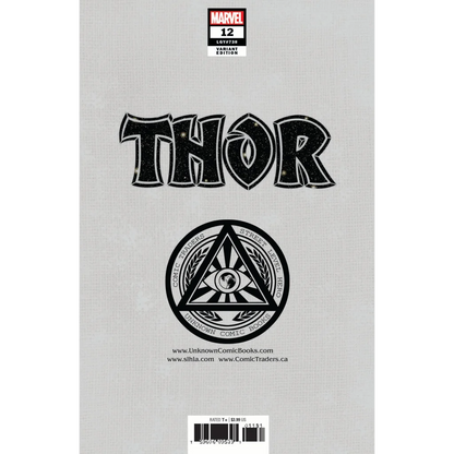 Comic book cover for Marvel Thor 12 with black glittery logo and Unknown Comic Books symbol