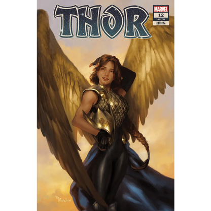 Comic book cover with an angelic female warrior in golden armor from THOR 12