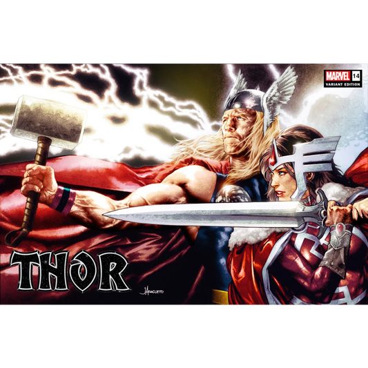 Comic book cover of Thor and Valkyrie battling with lightning in THOR 14 Epic Finale