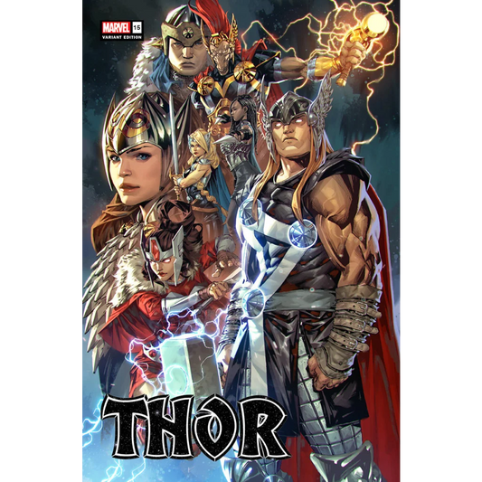 Comic book cover with multiple Thor versions from Thor #15 Unleashes Variants