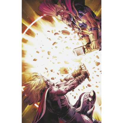 Epic battle scene from THOR #3 4th PTG Klein Variant Cover comic book featuring hammer and glowing weapon