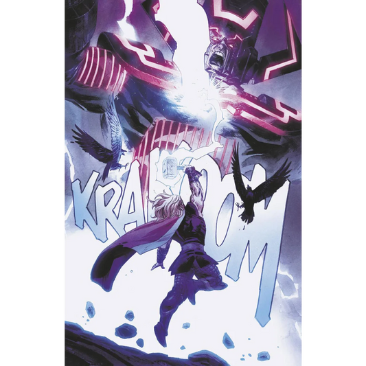 Comic panel from THOR #4 3rd PTG Klein Variant showing Thor battling Galactus with lightning