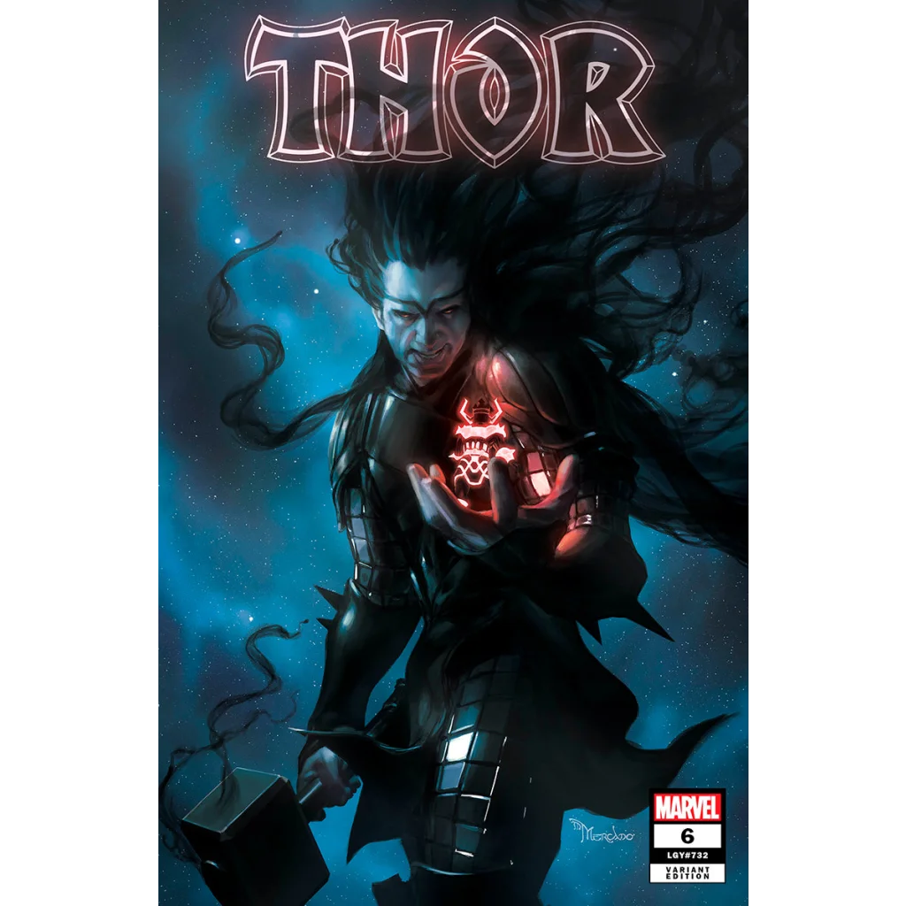 Comic book cover featuring dark-haired hero with glowing red object and hammer cosmic background for Thor #6 Unknown Comics Miguel Mercado Exclusive