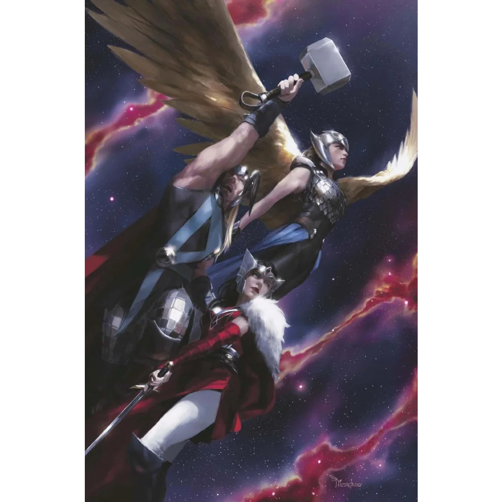 Three female armored figures flying in cosmic backdrop from THOR Battles Through Donald Blake’s Dark Prison issue