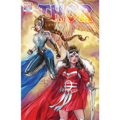 Comic book featuring two female characters in colorful costumes with THOR title on cover