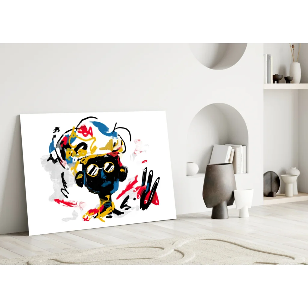 Vibrant abstract black figure wall art with bold red yellow blue splashes