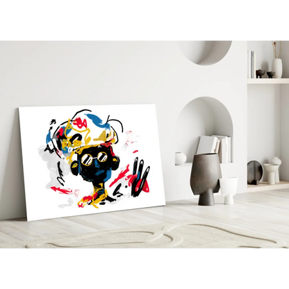 Vibrant abstract black figure wall art with bold red yellow blue splashes