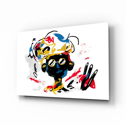 Bold abstract figure wall art with vibrant red yellow blue white splashes