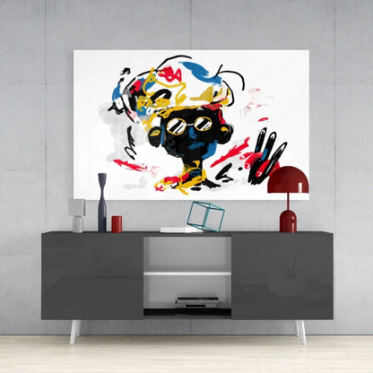 Vibrant bold abstract figure wall art with black red yellow blue splashes