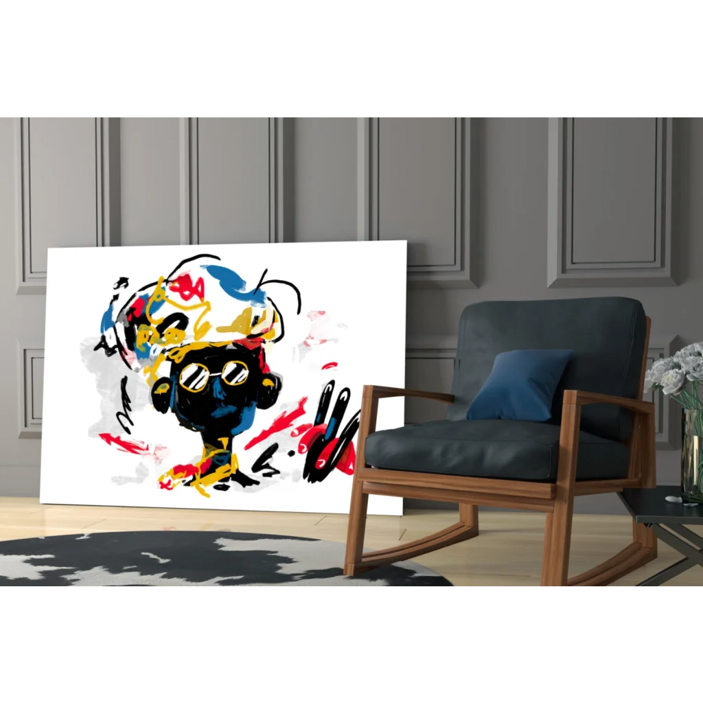 Vibrant abstract black figure wall art with bold yellow red blue splashes