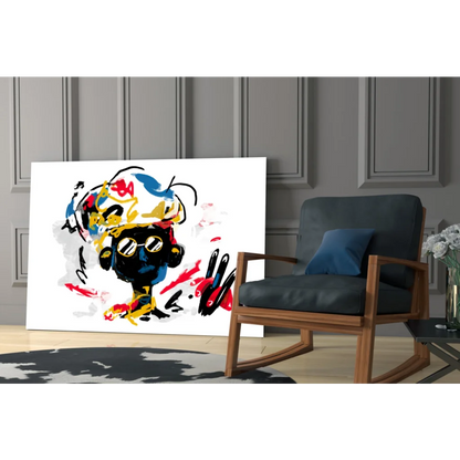 Vibrant abstract black figure wall art with bold yellow red blue splashes