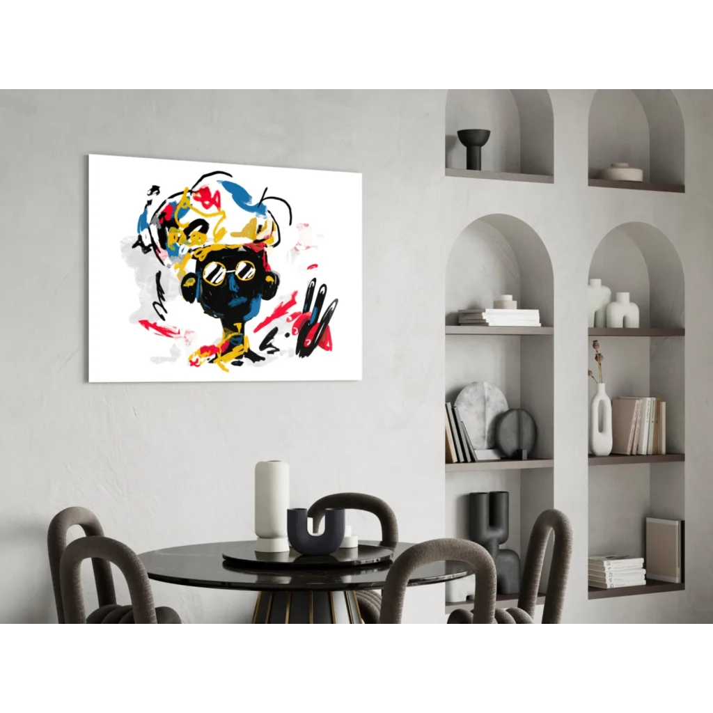 Vibrant abstract black figure wall art with bold red, yellow, blue splashes