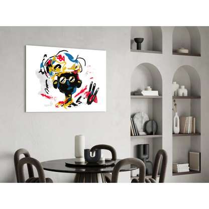 Vibrant abstract black figure wall art with bold red, yellow, blue splashes
