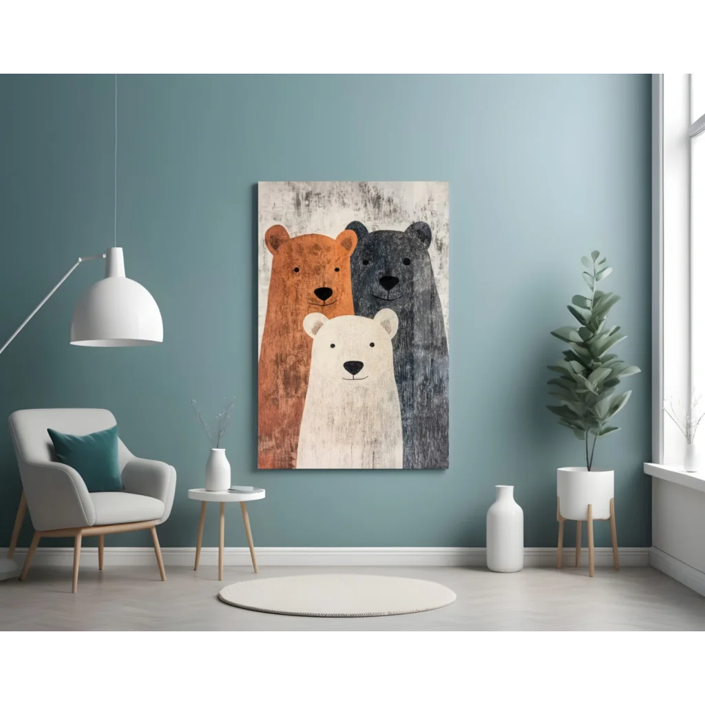 Three Bears rustic canvas wall art with orange, white, gray bears