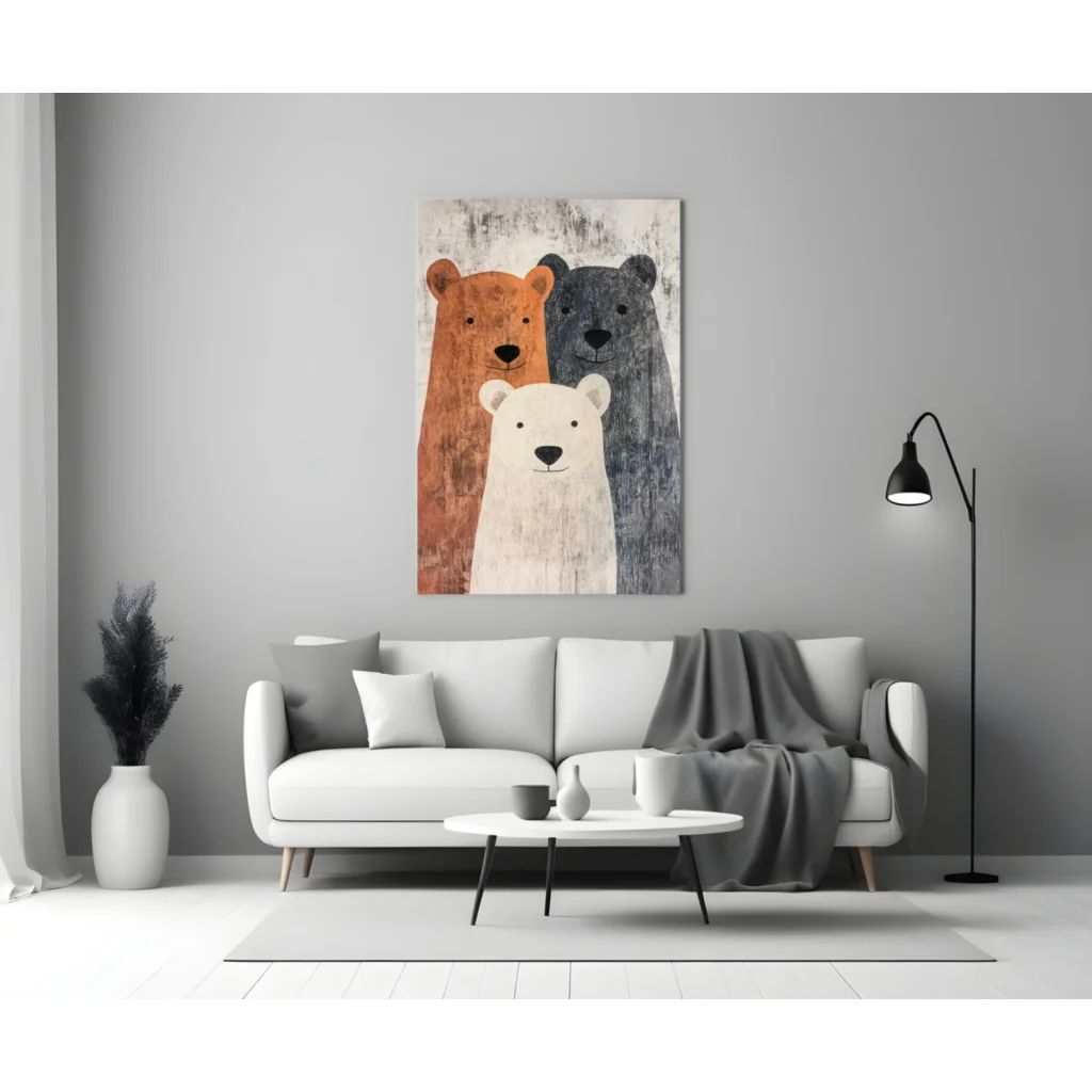Three Bears rustic canvas wall art with orange, white, gray bears