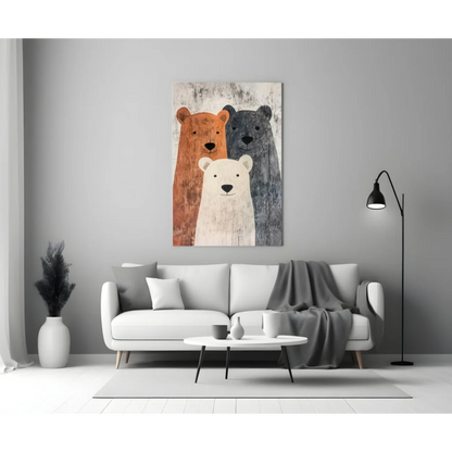 Three Bears rustic canvas wall art with orange, white, gray bears