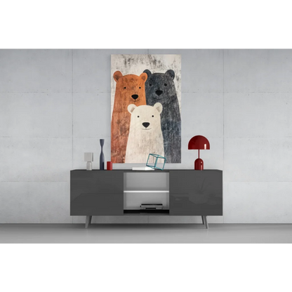 Modern gray console table with sleek legs and open shelving, under Three Bears Rustic wall art