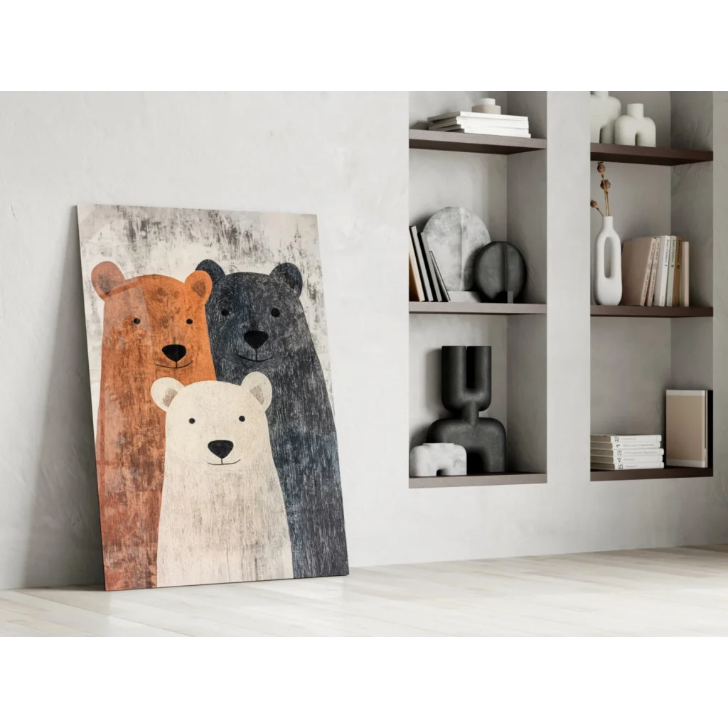 Three Bears rustic canvas wall art with stylized orange, gray, white bears