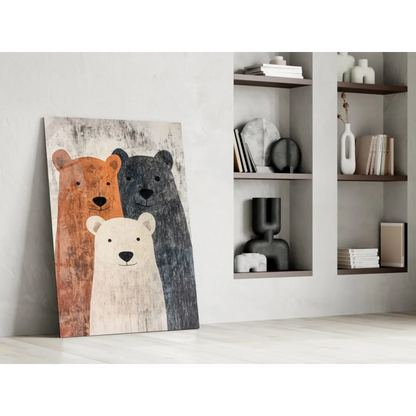 Three Bears rustic canvas wall art with stylized orange, gray, white bears