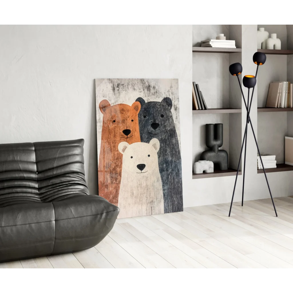 Rustic Three Bears canvas wall art print with orange, gray, white bears