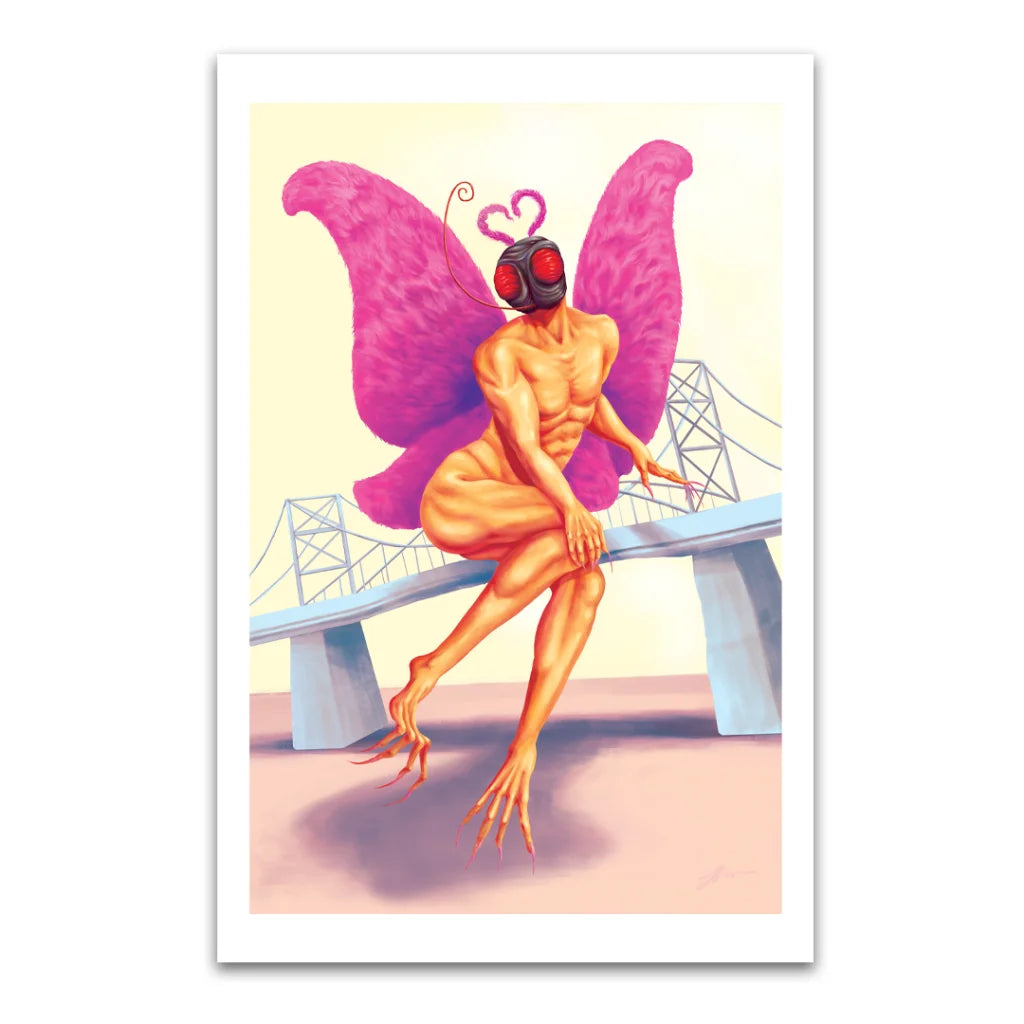 Whimsical muscular figure with pink butterfly wings on a bridge in the Three Limited Edition comic book collection by Butch Mapa
