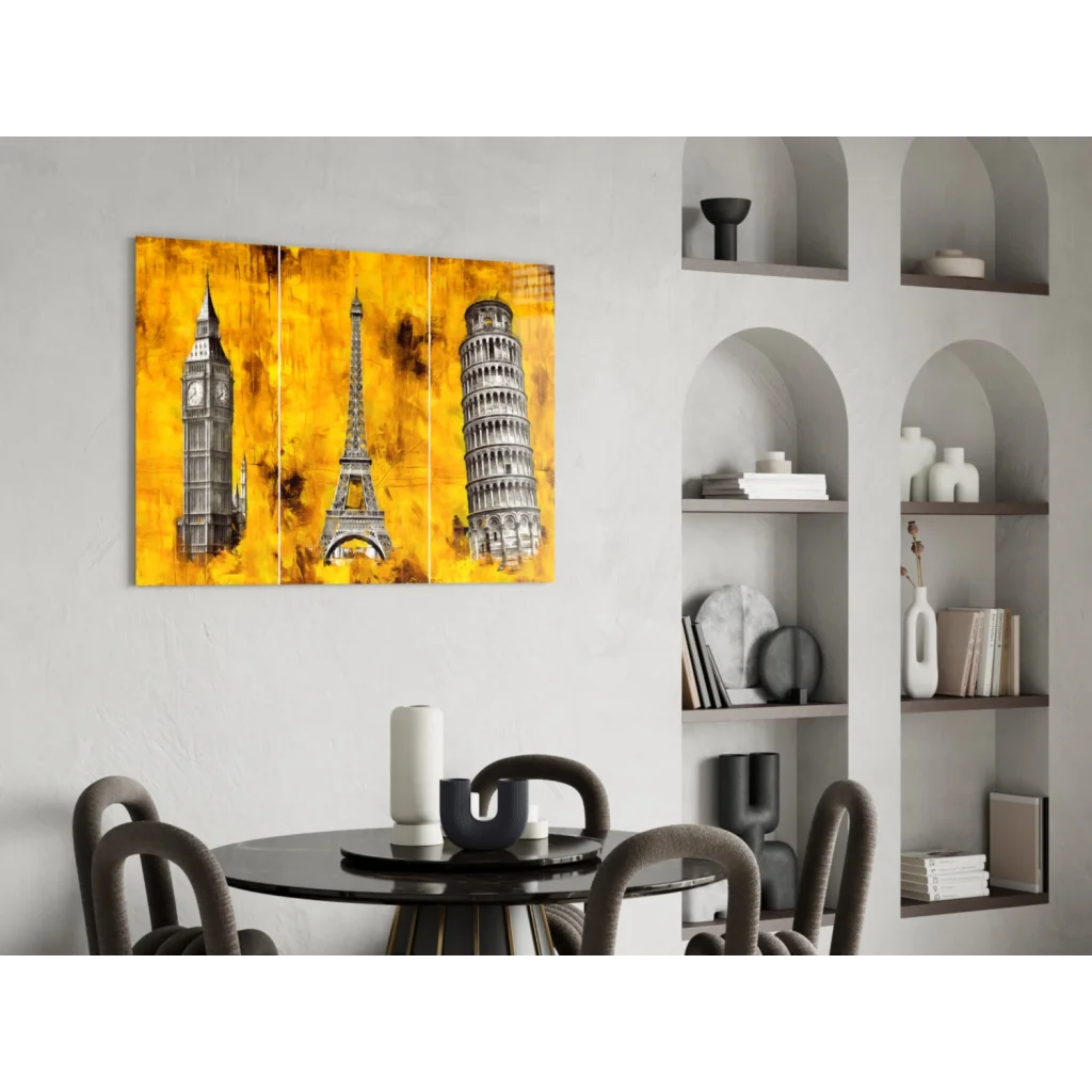 Iconic black-and-white Big Ben, Eiffel Tower, Pisa triptych wall art on yellow
