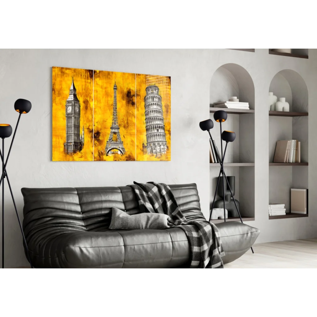 Iconic Landmarks Triptych Canvas Wall Art on Vibrant Yellow | Contemporary Home Wall Art | vintageantiquesgifts.com