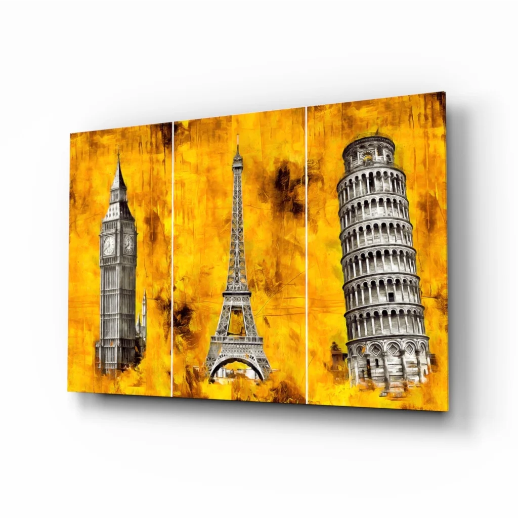 Iconic Landmarks Triptych Canvas Wall Art on Vibrant Yellow | Insigneart USA | vintageantiquesgifts.com