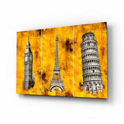 Iconic Landmarks Triptych Canvas Wall Art on Vibrant Yellow | Insigneart USA | vintageantiquesgifts.com
