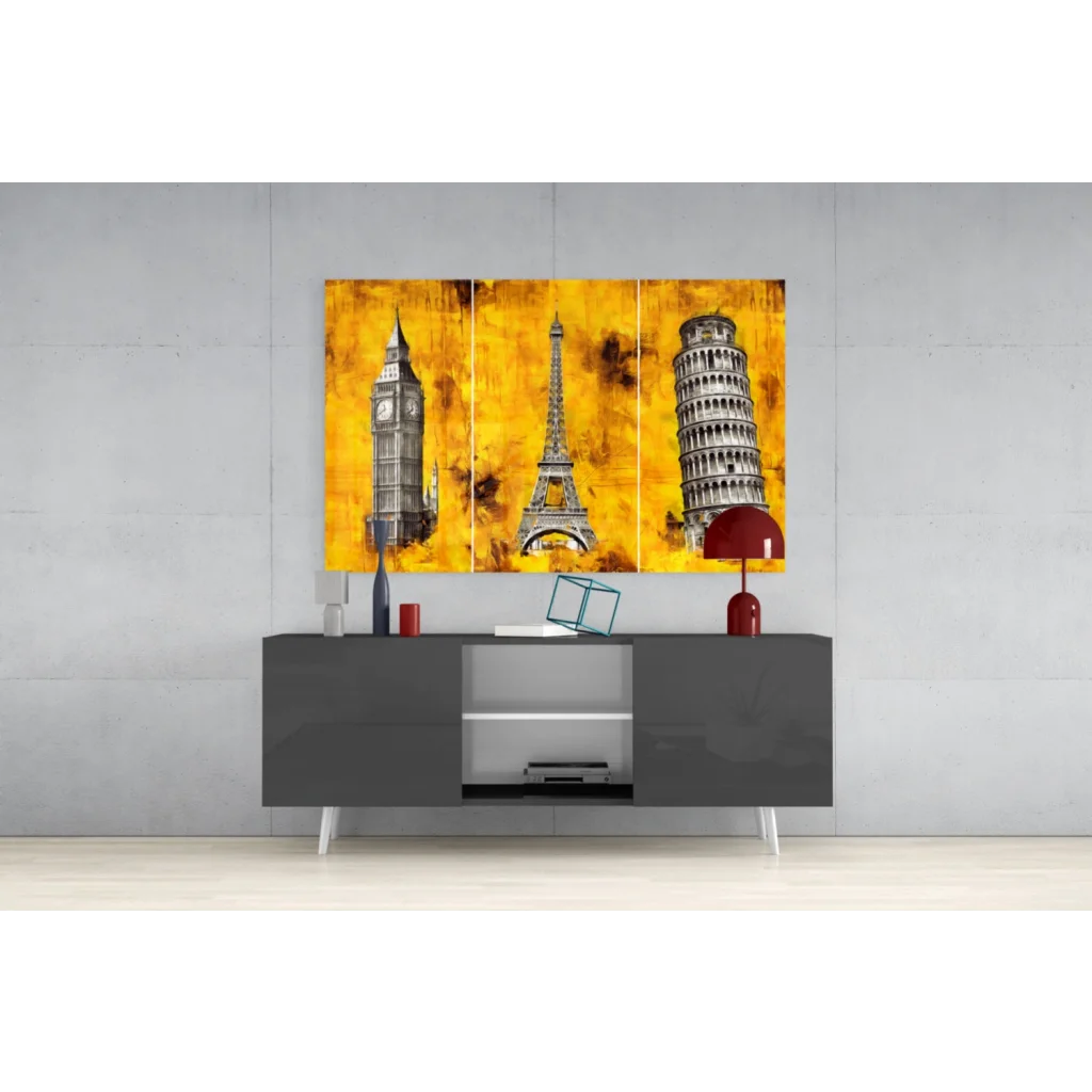 Iconic landmarks triptych wall art of Big Ben, Eiffel Tower, Pisa on yellow