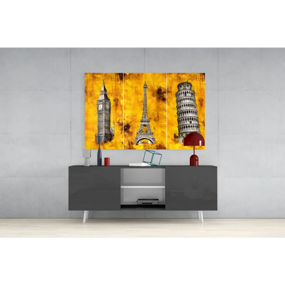 Iconic landmarks triptych wall art of Big Ben, Eiffel Tower, Pisa on yellow