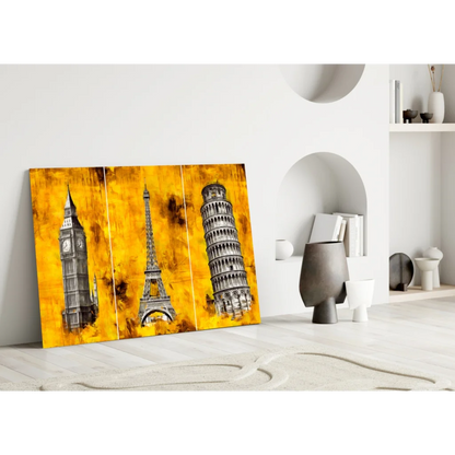 Iconic Landmarks Triptych Canvas Wall Art on Vibrant Yellow | Modern Wall Art Decor | vintageantiquesgifts.com