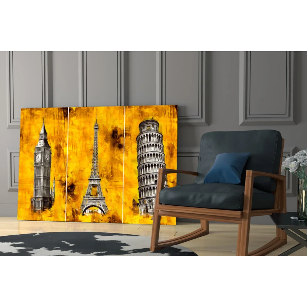 Vibrant yellow triptych wall art with Eiffel Tower, Big Ben, Pisa silhouettes
