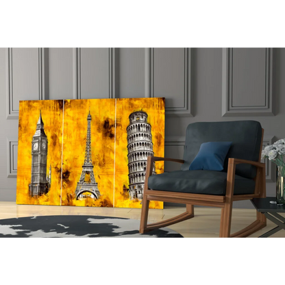 Vibrant yellow triptych wall art with Eiffel Tower, Big Ben, Pisa silhouettes