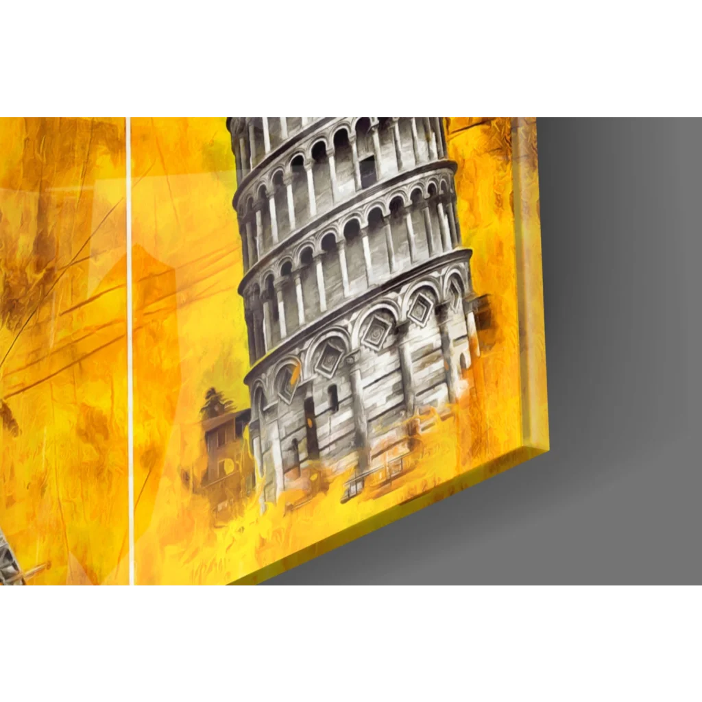 Vibrant yellow canvas wall art of grayscale Leaning Tower of Pisa