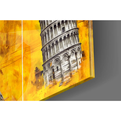 Vibrant yellow canvas wall art of grayscale Leaning Tower of Pisa