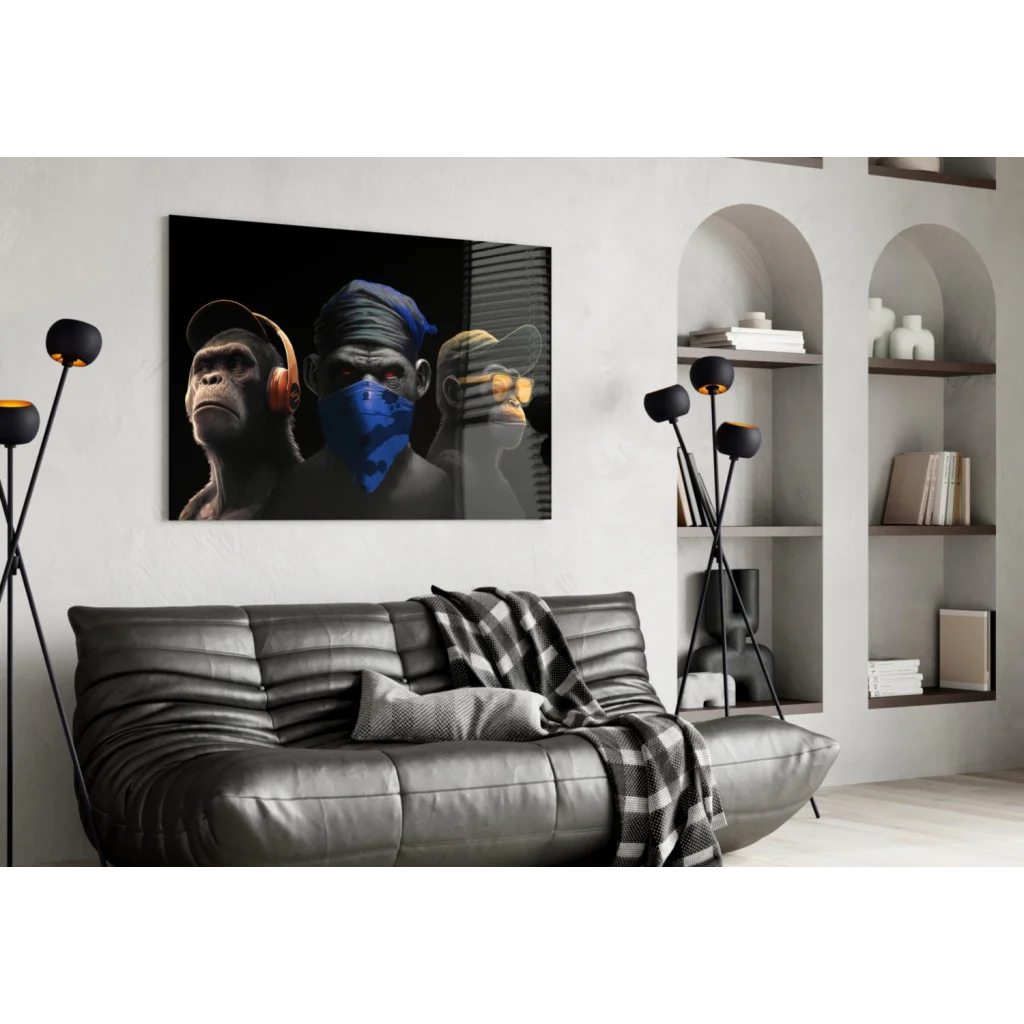 Urban three wise monkeys wall art on black canvas with headphones