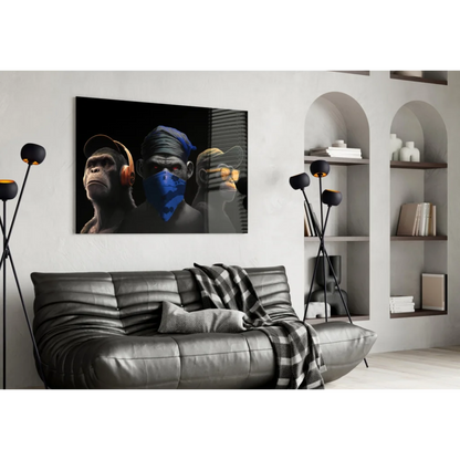Urban three wise monkeys wall art on black canvas with headphones