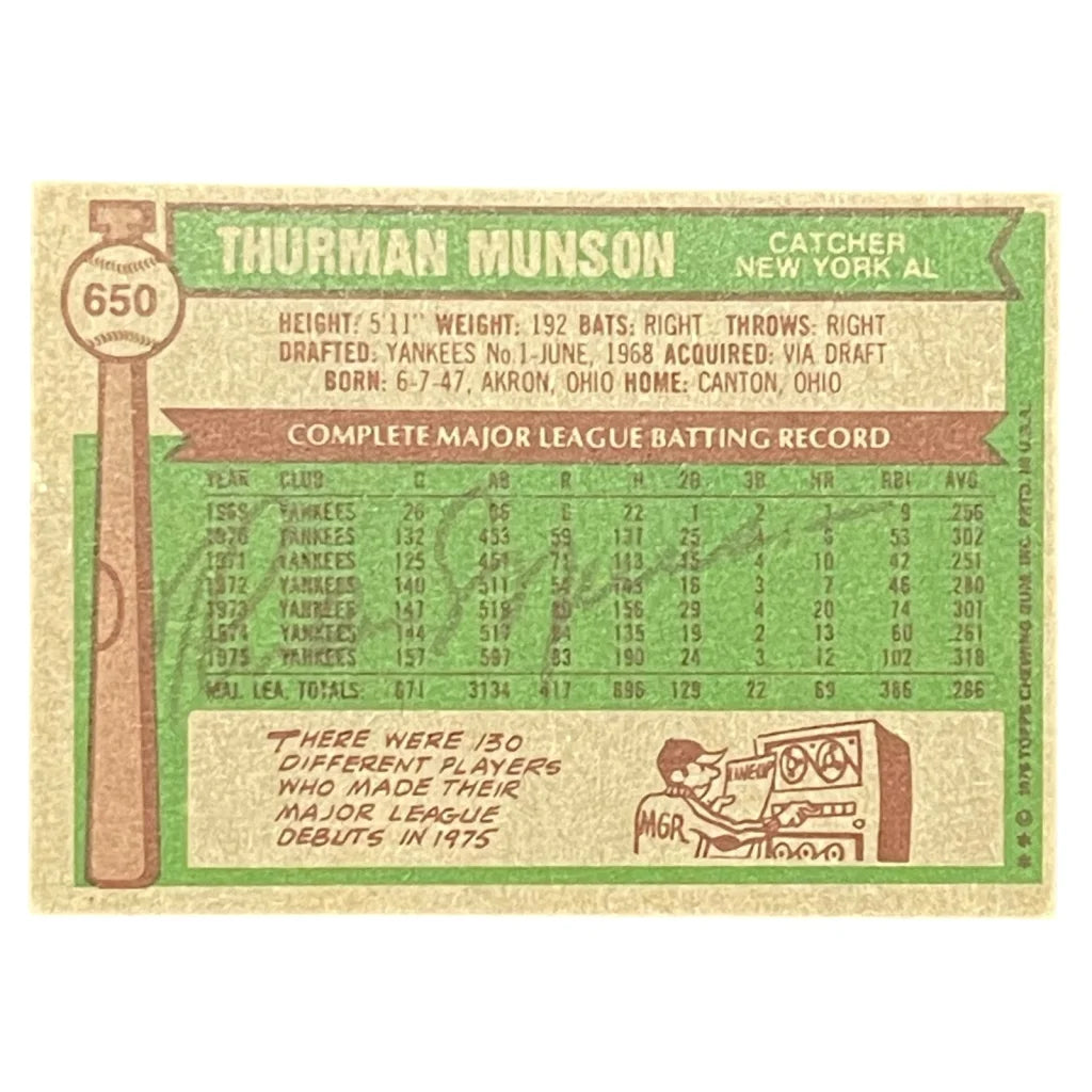 Vintage Thurman Munson autographed 1976 Topps New York Yankees card, Beckett LOA A89325