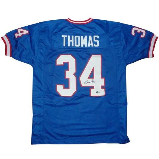 Thurman Thomas autographed custom blue jersey with name Thomas and number 34