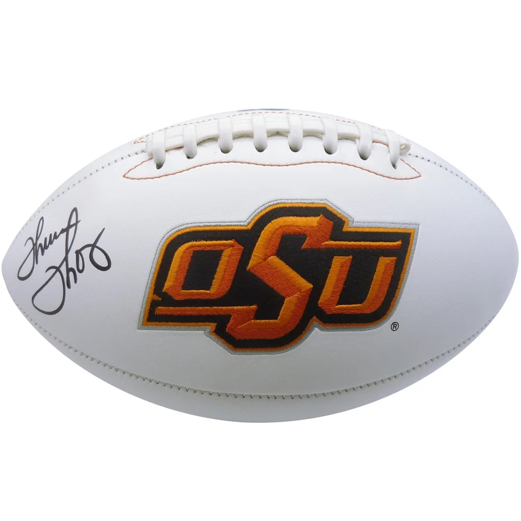 Thurman Thomas autographed Oklahoma State white leather football with OSU logo