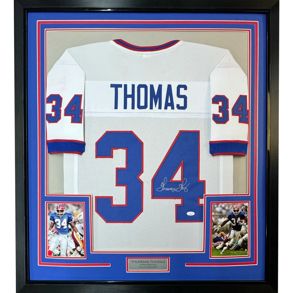 Framed Thurman Thomas #34 Buffalo Bills autographed jersey with photos and plaque
