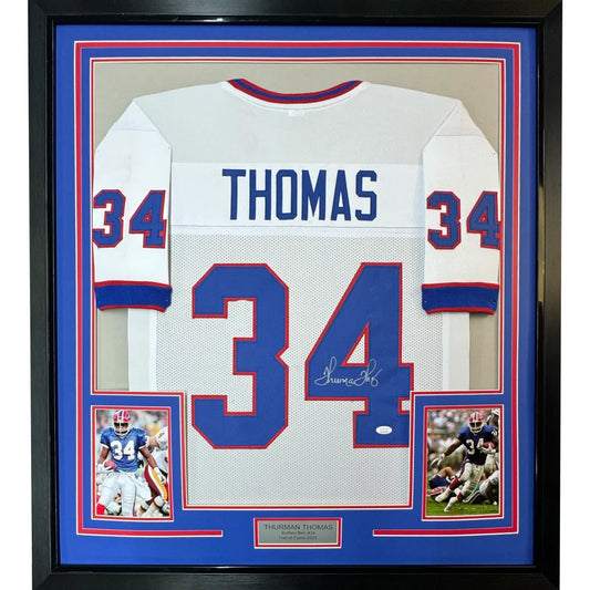 Framed Thurman Thomas #34 Buffalo Bills autographed jersey with photos and plaque