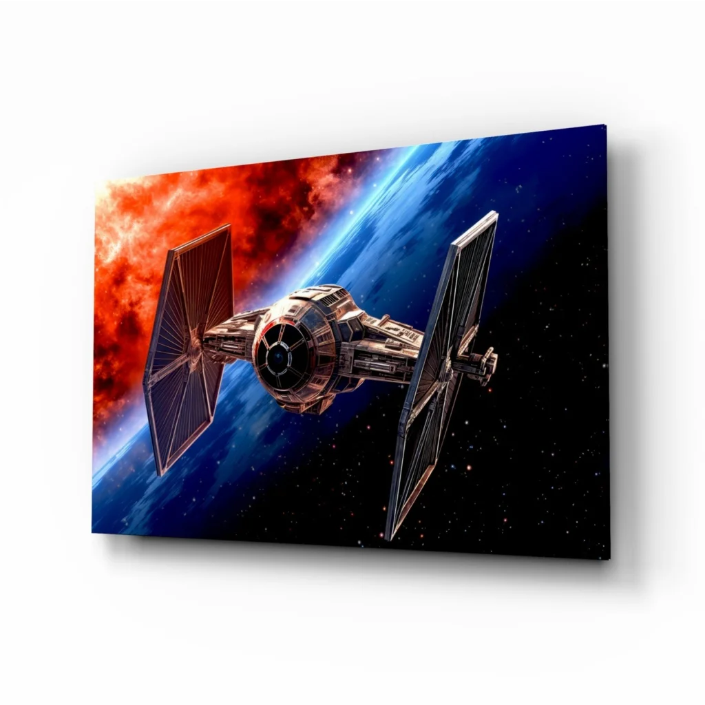 Sleek TIE Fighter glass wall art blasting through fiery red nebula