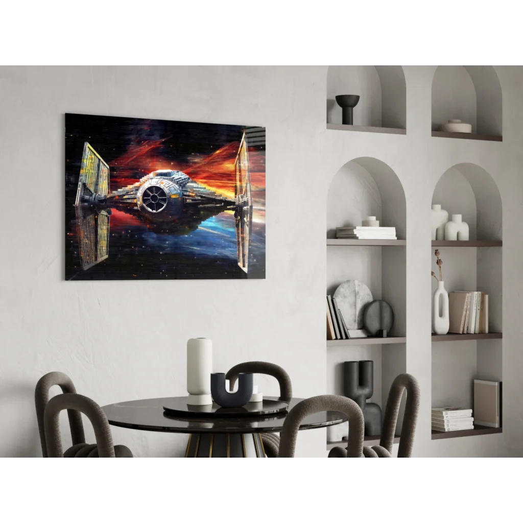 Vibrant Star Wars TIE Fighter wall art canvas in fiery orange cosmic scene