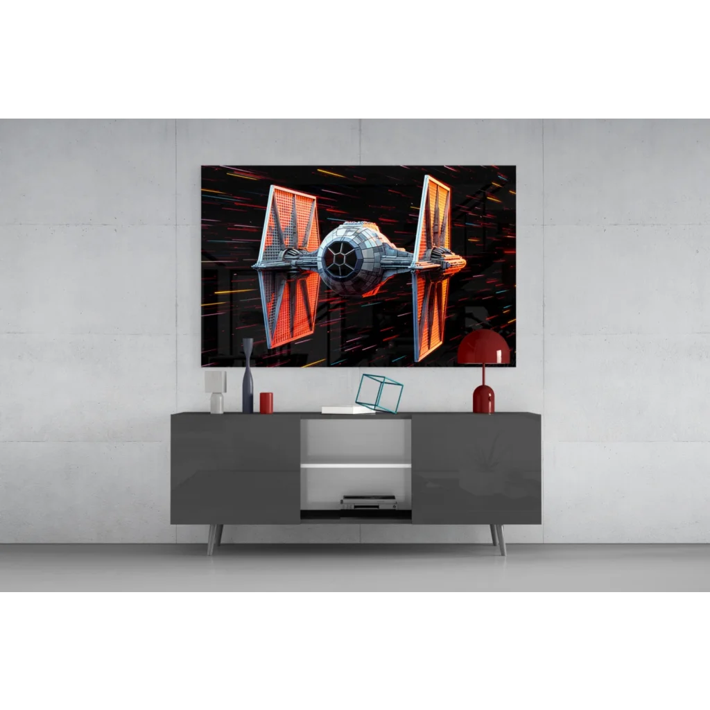Sleek silver TIE Fighter glass wall art with glowing orange wings
